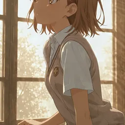 Original high-quality anime artwork featuring a short-haired brunette schoolgirl with amber eyes, wearing a school uniform sweater vest by a window in the morning light. Soft and warm tones create a nostalgic atmosphere.