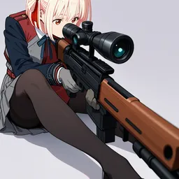 Original high-quality anime artwork featuring a light blonde-haired girl with amber eyes, holding a sniper rifle. She's dressed in a school uniform-inspired outfit with a red ribbon in her hair against a plain backdrop, creating a focused and striking composition.