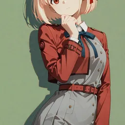 Original high-quality anime artwork featuring a cute anime girl with short blonde hair, ruby eyes, and a red ribbon, wearing a cadet-style uniform against a soft green background. The scene creates a blend of charm and discipline.