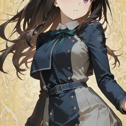 Original high-quality anime artwork featuring a cute anime girl with long black hair and violet eyes, dressed in a stylish navy and gray school uniform with a ribbon. The background features a subtle golden floral pattern, enhancing the elegant atmosphere.