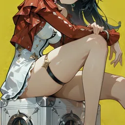 Original high-quality anime artwork featuring a black-haired girl with ruby eyes, wearing a red jacket and white dress. She is adorned with decorative jewelry and sits atop a metal box with a minimalist yellow background.