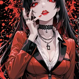 Original high-quality anime artwork featuring a beautiful girl with long black hair and striking red eyes. She is wearing a stylish red blazer and multiple necklaces, set against an abstract red and black background.