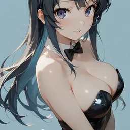 Original high-quality anime artwork featuring a girl with long blue-tinted dark hair and striking azure eyes, wearing a stylish black bunny suit with bunny ears. The background is a soft, complementary pastel tone, emphasizing the character's delicate features.