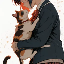 Original high-quality anime artwork featuring a dark-haired girl with red-framed glasses and a red bow holding her calico cat. She wears a school uniform with a plaid skirt. Light bokeh background.