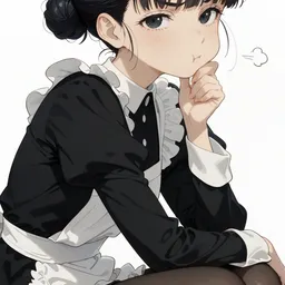 Original high-quality anime artwork featuring a cute anime girl with black hair and grey eyes, dressed in a classic black and white maid outfit, complete with cat ears. The illustration is set against a plain white background, accentuating the character's thoughtful mood.