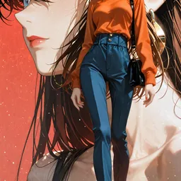Original high-quality anime artwork featuring a brunette girl with bright blue eyes, wearing an orange turtleneck and blue pants, complemented by a sleek black purse, set against a dramatic red background.
