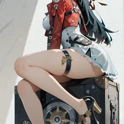 Original high-quality anime artwork featuring a black-haired girl with ruby eyes wearing a red jacket and white dress. She is sitting on a black and gold mechanical box. The scene is set against a clean, bright background.