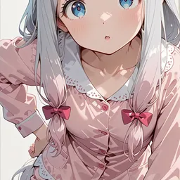 Original high-quality anime artwork featuring a cute anime girl with silver hair and striking blue eyes, wearing a charming pink pajama set. The background is simple, emphasizing the girl's endearing expression and delicate details.