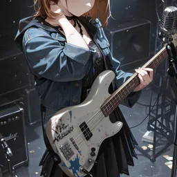 Original high-quality anime artwork featuring a young woman with brown hair and reddish eyes, dressed in a casual blue jacket and black skirt, playing an electric guitar on a dimly lit stage. The scene captures a musical performance atmosphere.