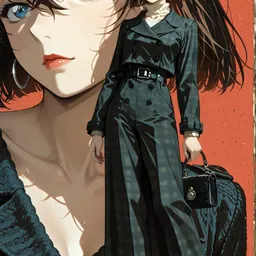 Original high-quality anime artwork featuring a stylish brunette girl with blue eyes, wearing a retro-inspired plaid suit and sunglasses. She is depicted with a large background image of herself.