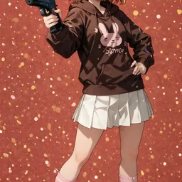 Original high-quality anime artwork featuring a short-haired, light brown-haired girl with amber eyes wearing a bunny ear headband and holding a pistol. She is dressed in a brown hoodie and white skirt against a red background with gold sparkles. A cute anime girl in a playful pose.