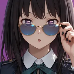 Original high-quality anime artwork featuring a cute anime girl with black hair and purple eyes, wearing a dark school uniform with a green bow and holding blue-tinted glasses. The background is a simple purple hue.