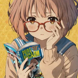 Original high-quality anime artwork featuring a short brown-haired anime girl with honey eyes, wearing red glasses and holding a book in a casual outfit. The background features a subtle geometric pattern.
