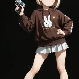 Original high-quality anime artwork featuring a girl with short blonde hair and red eyes wearing a bunny-eared hoodie and holding a pistol. The character is set against a solid black background and is wearing a skirt and sneakers.