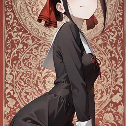 Original high-quality anime artwork featuring a beautiful anime girl with black hair and striking red eyes, wearing a dark school uniform. The background showcases an elaborate floral pattern, adding an elegant touch to this portrait.