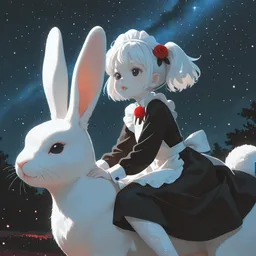 Original high-quality anime artwork featuring a girl with white hair and grey eyes riding a large white rabbit under a starry night sky. She is wearing a black and white dress with red roses.