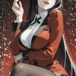 Original high-quality anime artwork featuring a black-haired anime girl with piercing red eyes, wearing a red blazer over a white shirt. She is seated against a baroque background, exuding an air of mystery.