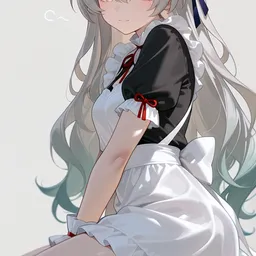 Original high-quality anime artwork featuring a cute girl with long silver hair and heterochromatic eyes, wearing a frilly black and white maid outfit. The subtle background emphasizes her gentle smile and the soft color palette.