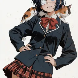 Original high-quality anime artwork featuring a dark-haired schoolgirl with striking blue eyes and an eyepatch, accompanied by a calico cat perched on her shoulders. She wears a classic school uniform with a red bow tie, set against a simple, clean background.