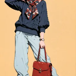 Original high-quality anime artwork featuring a cute anime girl with short pink hair and brown eyes, wearing a dark blue sweater and light blue pants. She is carrying a red handbag against a soft yellow background, creating a calming mood.
