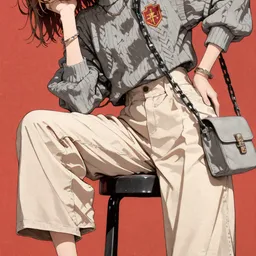 Original high-quality anime artwork featuring a girl with short brown hair and light brown eyes, wearing a gray knit sweater and khaki pants, sitting on a stool against a red background. She is accessorized with a shoulder bag and silver high heels.