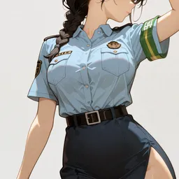 Original high-quality anime artwork featuring a woman with long braided black hair and bright blue eyes, wearing a police-like uniform. The character exudes confidence against a clean backdrop, highlighting her official attire.