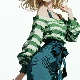 Original high-quality anime artwork featuring a blonde-haired girl with captivating purple eyes, wearing a stylish green-striped blouse and carrying a chic handbag. The clean, white background highlights her fashionable attire and elegant pose.