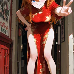 Original high-quality anime artwork featuring a vibrant red-haired girl with bright blue eyes. She is wearing a detailed red dress with golden accents, standing in a narrow alleyway. This piece captures a sense of playful confidence and urban charm.