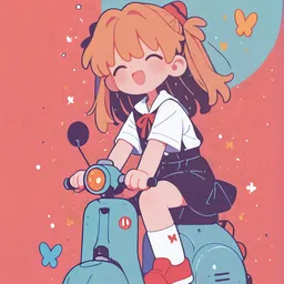 Original high-quality anime artwork featuring a cheerful, smiling girl with light orange hair in pigtails, riding a blue scooter. She is wearing a school uniform with a red bow, set against a peach backdrop with fluttering butterflies.