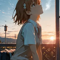 Original high-quality anime artwork featuring a light brown-haired schoolgirl with light brown eyes, wearing a school uniform and gazing at a sunset sky. The scene exudes a peaceful and reflective mood, perfect for anime wallpaper.