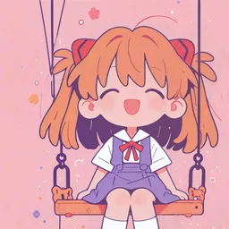 Original high-quality anime artwork featuring a cute orange-haired girl with blue eyes, wearing a purple school uniform and sitting on a swing with balloons against a pink backdrop. This delightful scene captures innocence and joy, perfect for anime enthusiasts.
