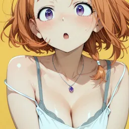 Original high-quality anime artwork featuring a cute girl with amber hair and vibrant violet eyes, wearing a casual white top against a soft yellow backdrop. Her gentle expression and delicate jewelry add to the intimate mood, ideal as anime wallpaper.
