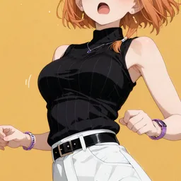 Original high-quality anime artwork featuring a girl with short amber hair and violet eyes, wearing a sleek black top and white pants, with matching purple accessories, against a warm yellow backdrop.
