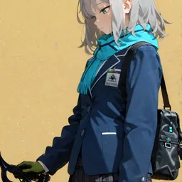Original high-quality anime artwork featuring a girl with silver hair and blue eyes, wearing a school uniform with a blue scarf and holding a bicycle. The background is a soft beige, accentuating the cool tones of her attire.