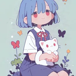 Original high-quality anime artwork featuring a blue-haired girl with red eyes, wearing a school uniform, and holding a white cat amidst a field of flowers and butterflies. This cute scene is filled with gentle colors and a serene atmosphere.