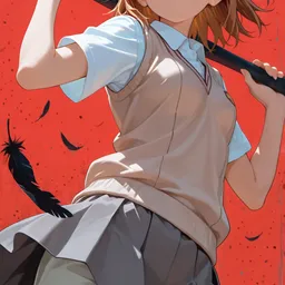 Original high-quality anime artwork featuring a cheerful anime girl with honey-blonde hair and amber eyes, posing with a dark metal bar against a vibrant red background. She is wearing a school uniform-style outfit, accented by delicate white flowers in her hair.