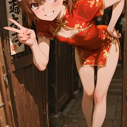 Original high-quality anime artwork featuring a cheerful light-brown-haired girl with amber eyes, wearing a red dress with golden accents and red shoes. The background shows a traditional Japanese alleyway with lanterns.