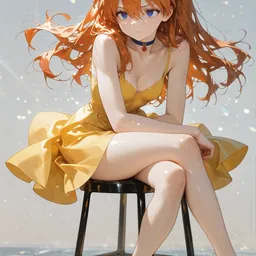 Original high-quality anime artwork featuring a girl with flowing ginger hair and bright blue eyes, wearing a sunny yellow dress. She is seated on a stool, with light reflecting creating a dreamy atmosphere.