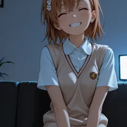 Original high-quality anime artwork featuring a smiling girl with short brown hair and brown eyes, wearing a school uniform with a white flower hair accessory. She's sitting on a dark couch against a simple, soft-lit background.