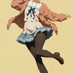 Original high-quality anime artwork featuring a short, light brown-haired girl with amber eyes, wearing glasses and a light-colored school uniform with a cardigan. She's set against a soft yellow background.