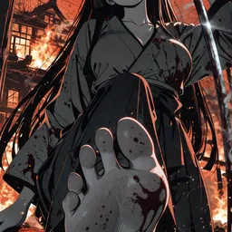 Original high-quality anime artwork featuring a black-haired, red-eyed fox-girl wielding a katana with a burning building in the background. She is wearing a traditional kimono with blood details in a dark atmosphere.
