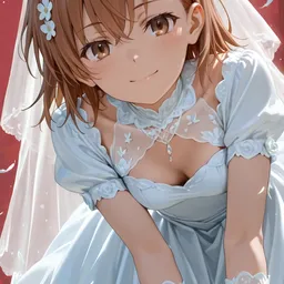 Original high-quality anime artwork featuring a girl with short brown hair and brown eyes wearing a delicate wedding dress and floral veil. The illustration is set against a warm red background.