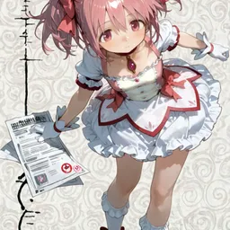Original high-quality anime artwork featuring a pink-haired girl with ruby eyes, dressed in a frilly white and red dress, complete with ribbons and a pendant. She holds papers in a gentle, flowing style against a patterned background.