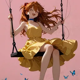 Original high-quality anime artwork featuring a cheerful red-haired girl with brown eyes on a swing, wearing a yellow dress and red shoes against a pink backdrop with blue butterflies. This evokes a cute and lighthearted mood.