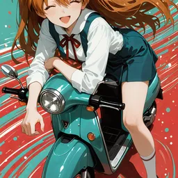 Original high-quality anime artwork featuring a smiling auburn-haired girl with golden eyes, wearing a school uniform and riding a blue scooter. The vibrant background adds a cheerful mood to this charming scene.