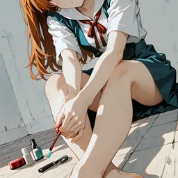 Original high-quality anime artwork featuring a young woman with long, flowing auburn hair and striking blue eyes. She's dressed in a casual school uniform, seated in a relaxed pose. This vibrant piece captures a sense of serene contemplation.