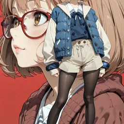 Original high-quality anime artwork featuring a young woman with short peach-colored hair and honey eyes, wearing a blue jacket and red glasses, set against a simple background. The focus is on her gentle expression and fashionable outfit.