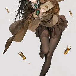 Original high-quality anime artwork featuring a young detective girl with long black hair and violet eyes, wearing a tan detective outfit with a cape and holding a sealed letter. The scene is adorned with vintage vials and has a clean, bright background.