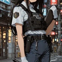 Original high-quality anime artwork featuring a young woman with long black hair and striking violet eyes dressed in a detailed police uniform and tactical vest. The scene is set on a city street at night, with glowing signs in the background.
