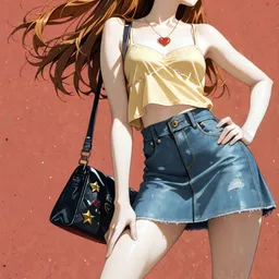 Original high-quality anime artwork featuring a long, flowing amber-haired girl with striking blue eyes, wearing a cute yellow crop top and denim skirt. The artwork has a bright, cheerful mood with a solid background.